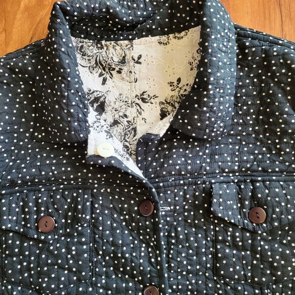 Reversible Quilted Jacket Womens Black White Floral Polka Dot Button Front Med - Picture 4 of 12